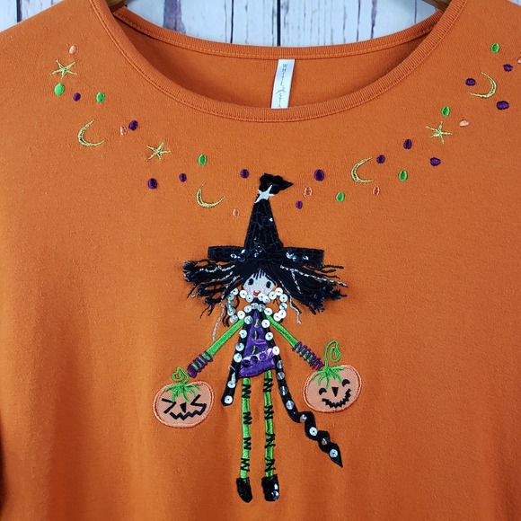 White Stag Halloween Witch T Shirt Womens Size XL Long Sleeve Sequin Orange - Picture 3 of 6